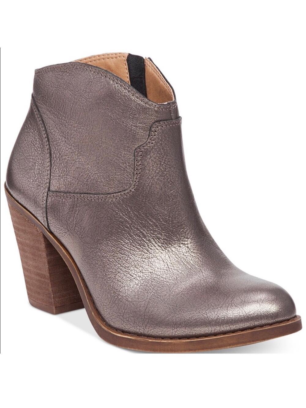 Lucky Brand Eller Metallic Pewter Leather Boho Ankle Booties Stacked Heel 9.5